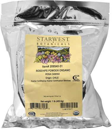 Rosehips Powder, Organic 1 lb (453.6 g) by Starwest Botanicals-Vitaminer, Vitamin C, Rosen Höfter Pulver, Mat, Örtte