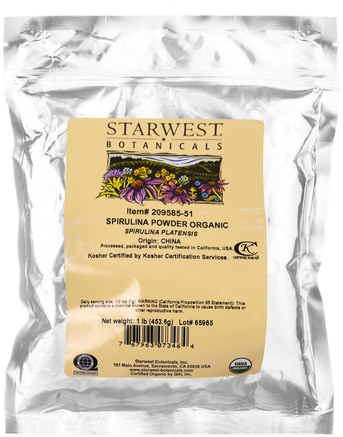 Spirulina Powder, Organic 1 lb (453.6 g) by Starwest Botanicals-Kosttillskott, Spirulina