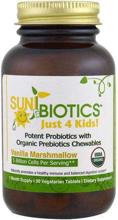 Just 4 Kids, Organic Probiotic Chewables, Vanilla Marshmallow, 30 Veggie Tabs by Sunbiotics-Tillägg, Barn Probiotika