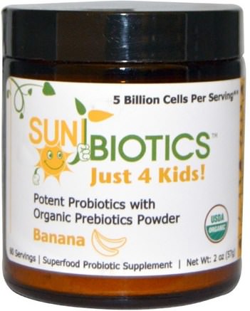 Just 4 Kids! Potent Probiotics with Organic Prebiotics Powder, Banana, 2 oz (57 g) by Sunbiotics-Kosttillskott, Probiotika, Probiotika För Barn, Stabiliserade Probiotika