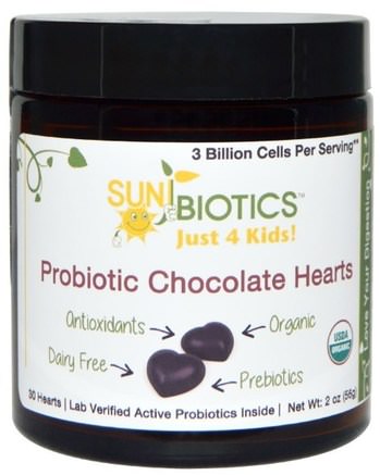 Just for Kids! Probiotic Chocolate Hearts, 30 Hearts, 2 oz (56 g) by Sunbiotics-Kosttillskott, Probiotika, Probiotika För Barn, Stabiliserade Probiotika