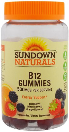 B12, 500 mcg, Raspberry, Mixed Berry & Orange, 50 Gummies by Sundown Naturals-Värmekänsliga Produkter, Vitaminer