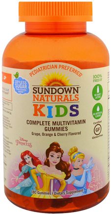 Kids, Complete Multivitamin Gummies, Disney Princess, Grape, Orange & Cherrry, 180 Gummies by Sundown Naturals Kids-Vitaminer, Multivitaminer, Barns Hälsa