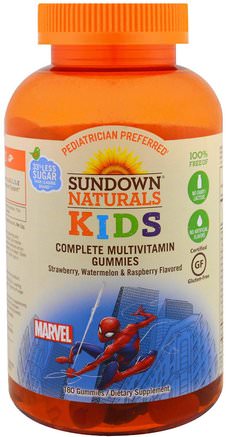 Kids, Complete Multivitamin Gummies, Marvel Spiderman, Strawberry, Watermelon & Raspberry, 180 Gummies by Sundown Naturals Kids-Vitaminer, Multivitaminer, Barns Hälsa