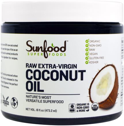 Coconut Oil, Raw Extra-Virgin, 16 fl oz (473.2 ml) by Sunfood-Mat, Keto Vänlig, Kokosnötolja