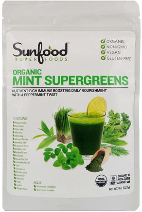 Organic Mint Supergreens, 8 oz (227 g) by Sunfood-Kosttillskott, Superfoods