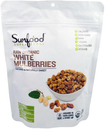 Raw Organic White Mulberries, 8 oz (227 g) by Sunfood-Mat, Torkad Frukt, Morbär