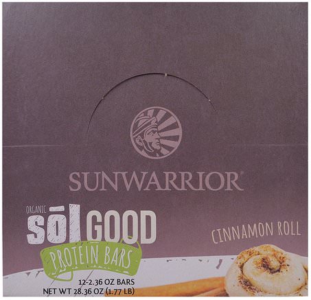 Organic Sol Good Protein Bars, Cinnamon Roll, 12 Bars, 2.36 oz (67 g) Each by Sunwarrior-Kosttillskott, Protein, Sport Protein, Sport, Protein Barer