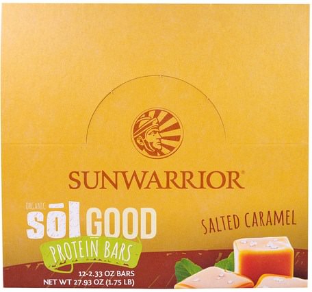 Organic Sol Good Protein Bars, Salted Caramel, 12 Bars, 2.33 oz (66 g) Each by Sunwarrior-Kosttillskott, Protein, Sport Protein, Sport, Protein Barer