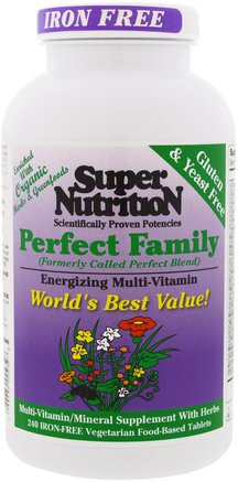 Perfect Family, Energizing Multi-Vitamin, Iron Free, 240 Vegetarian Food-Based Tablets by Super Nutrition-Vitaminer, Multivitaminer, Super Näring