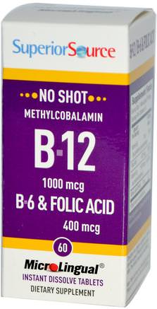 Methylcobalamin B-12, 1000 mcg, B-6 & Folic Acid 400 mcg, 60 MicroLingual Instant Dissolve Tablets by Superior Source-Vitaminer, Vitamin B, Vitamin B12, Vitamin B12 - Metylcobalamin