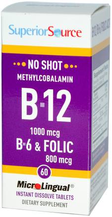 Methylcobalamin B-12, 1000 mcg, B-6 & Folic Acid 800 mcg, 60 MicroLingual Instant Dissolve Tablets by Superior Source-Vitaminer, Vitamin B, Vitamin B12, Vitamin B12 - Metylcobalamin