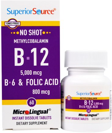 Methylcobalamin B-12 5000 mcg, B-6 & Folic Acid 800 mcg, 60 MicroLingual Instant Dissolve Tablets by Superior Source-Vitaminer, Vitamin B, Vitamin B12, Vitamin B12 - Metylcobalamin