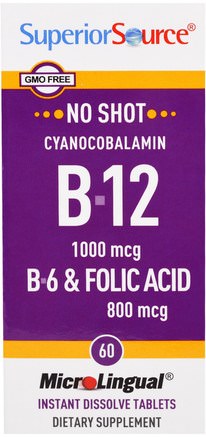 Cyanocobalamin B-12, 1000 mcg, B-6 & Folic Acid 800 mcg, 60 MicroLingual Instant Dissolve Tablets by Superior Source-Vitaminer, Vitamin B, Vitamin B12, Vitamin B12 - Cyanokobalamin