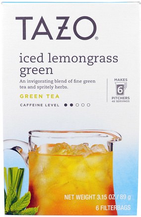 Iced Lemongrass Green Tea, 6 Filterbags, 3.15 oz (89 g) by Tazo Teas-Mat, Örtte, Iste, Kosttillskott, Antioxidanter, Grönt Te