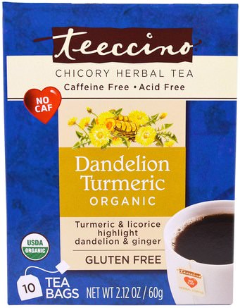 Chicory Herbal Tea, Organic Dandelion Turmeric, Caffeine Free, 10 Tea Bags, 2.12 oz (60 g) by Teeccino-Mat, Örtte, Maskros Te, Gurkmeja Te
