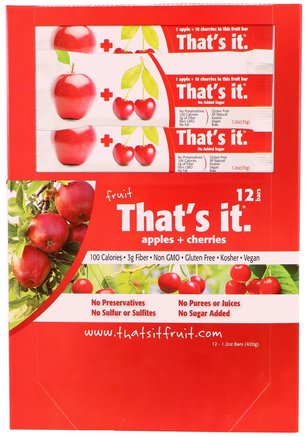 Fruit Bars, Apples + Cherries, 12 Bars, 1.2 oz (420 g) Each by Thats It-Mat, Tilltugg, Tillägg