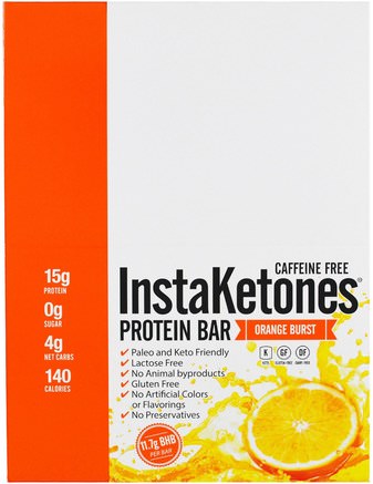 InstaKetones Protein Bar, Caffeine Free, Orange Burst, 12 Bars, 1.56 lbs (708 g) by The Julian Bakery-Mat, Keto Vänlig, Sport