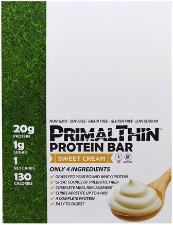 PrimalThin Protein Bar, Sweet Cream, 12 Bars, 1.9 oz (54 g) Each by The Julian Bakery-Sport, Protein Barer