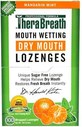 Mouth Wetting Fresh Breath Lozenges, Mandarin Mint, 100 Wrapped Lozenges, 165 g by TheraBreath-Bad, Skönhet, Oral Tandvård, Tandvårdsmynt
