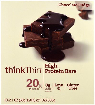 High Protein Bar, Chocolate Fudge, 10 Bars, 2.1 oz (60 g) Each by ThinkThin-Mat, Mellanmål, Hälsosam Tilltugg