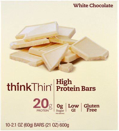 High Protein Bar, White Chocolate, 10 Bars, 2.1 oz (60 g) Each by ThinkThin-Mat, Mellanmål, Hälsosam Tilltugg