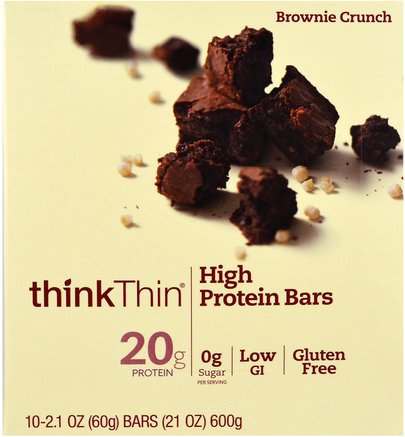 High Protein Bars, Brownie Crunch, 10 Bars, 21 oz (60 g) Each by ThinkThin-Mat, Mellanmål, Hälsosam Tilltugg