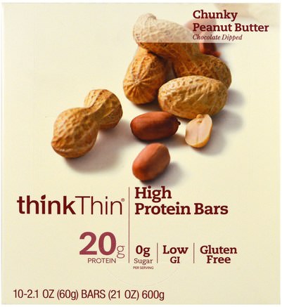 High Protein Bars, Chunky Peanut Butter, 10 Bars, 21 oz (60 g) Each by ThinkThin-Mat, Mellanmål, Hälsosam Tilltugg