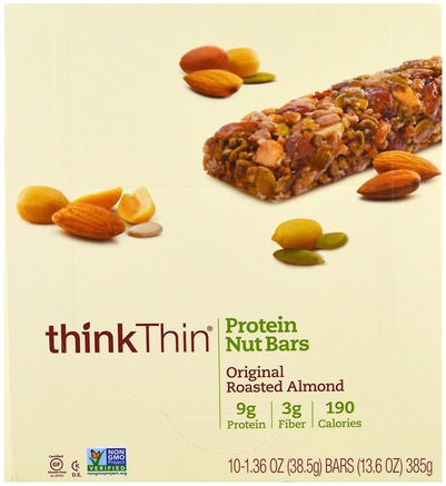 Protein Nut Bars, Original Roasted Almond, 10 Bars, 13.6 oz (385 g) Each by ThinkThin-Mat, Mellanmål, Hälsosam Tilltugg
