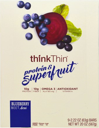Protein & Superfruit, Blueberry Beet Acai, 9 Bars, 2.22 oz (63 g) Each by ThinkThin-Mat, Snacks, Friska Snacks, Barer