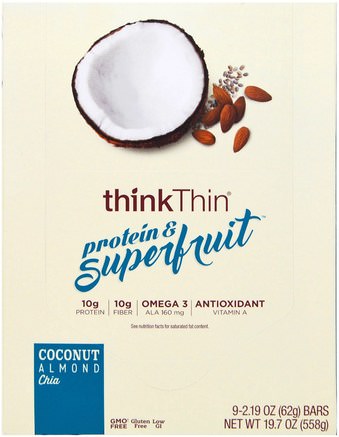 Protein & Superfruit, Coconut Almond Chia, 9 Bars, 2.19 oz (62 g) Each by ThinkThin-Mat, Snacks, Friska Snacks, Barer