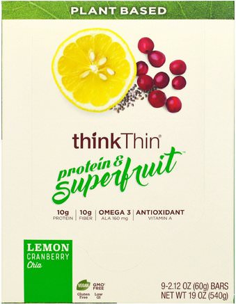 Protein & Superfruit, Lemon Cranberry Chia, 9 Bars, 2.12 oz (60 g) Each by ThinkThin-Mat, Snacks, Friska Snacks, Barer