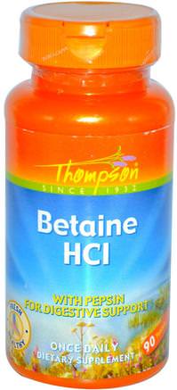 Betaine HCl, 90 Tablets by Thompson-Kosttillskott, Betaine Hcl, Hälsa