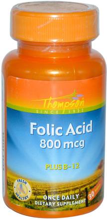 Folic Acid, Plus B-12, 800 mcg, 30 Tablets by Thompson-Vitaminer, Folsyra