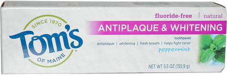 Antiplaque & Whitening, Fluoride-Free Toothpaste, Peppermint, 5.5 oz (155.9 g) by Toms of Maine-Bad, Skönhet, Tandkräm, Oral Tandvård, Tandblekning