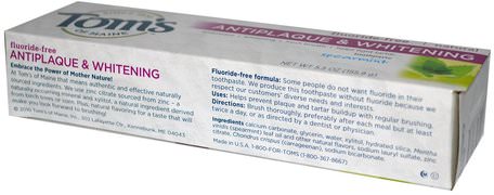 Antiplaque & Whitening, Fluoride-Free Toothpaste, Spearmint, 5.5 oz (155.9 g) by Toms of Maine-Bad, Skönhet, Tandkräm, Oral Tandvård, Tandblekning