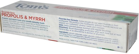 Propolis & Myrrh, Fluoride-Free Toothpaste, Peppermint, 5.5 oz (155.9 g) by Toms of Maine-Bad, Skönhet, Tandkräm