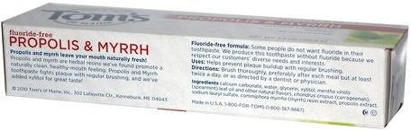 Propolis & Myrrh, Fluoride-Free Toothpaste, Spearmint, 5.5 oz (155.9 g) by Toms of Maine-Bad, Skönhet, Tandkräm