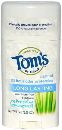 Natural Long Lasting Deodorant, Aluminum-Free, Refreshing Lemongrass, 2.25 oz (64 g) by Toms of Maine-Bad, Skönhet, Deodorant