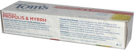 Natural Antiplaque, Propolis & Myrrh Toothpaste, Fluoride-Free, Fennel, 5.5 oz (155.9 g) by Toms of Maine-Bad, Skönhet, Tandkräm
