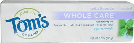 Whole Care Fluoride Toothpaste, Peppermint, 4.7 oz (133 g) by Toms of Maine-Bad, Skönhet, Tandkräm, Oral Tandvård, Tandblekning