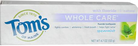 Whole Care Fluoride Toothpaste, Spearmint, 4.7 oz (133 g) by Toms of Maine-Bad, Skönhet, Tandkräm, Oral Tandvård, Tandblekning