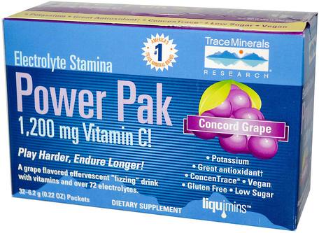 Electrolyte Stamina, Power Pak, 1200 mg, Concord Grape, 32 Packets, 0.22 oz (6.2 g) Each by Trace Minerals Research-Sport, Fyllning Av Elektrolytdryck
