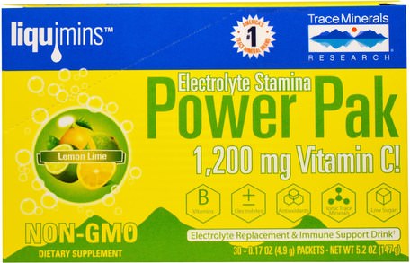 Electrolyte Stamina, Power Pak, 1200 mg, Lemon Lime, 30 Packets, 0.17 oz (4.9 g) Each by Trace Minerals Research-Sport, Fyllning Av Elektrolytdryck