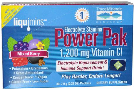 Electrolyte Stamina, Power Pak, 1200 mg, Mixed Berry, 30 Packets, 0.25 oz (7.0 g) Each by Trace Minerals Research-Sport, Fyllning Av Elektrolytdryck