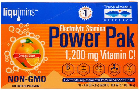 Electrolyte Stamina, Power Pak, 1200 mg, Orange Blast, 30 Packets, 0.17 oz (4.8 g) Each by Trace Minerals Research-Sport, Fyllning Av Elektrolytdryck