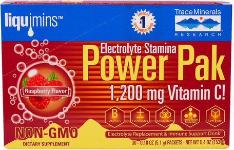 Electrolyte Stamina, Power Pak, 1200 mg, Raspberry, 30 Packets, 0.18 oz (5.1 g) Each by Trace Minerals Research-Sport, Fyllning Av Elektrolytdryck