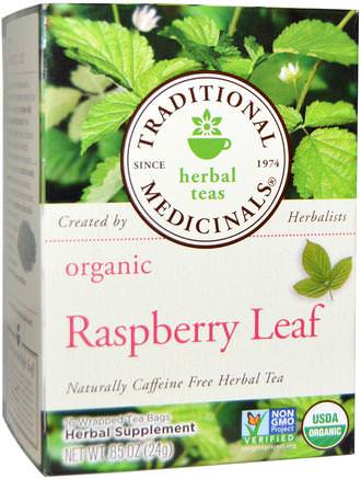 Relaxation Teas, Organic Raspberry Leaf, Naturally Caffeine Free, 16 Wrapped Tea Bags.85 oz (24 g) by Traditional Medicinals-Sverige
