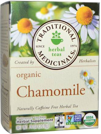 Herbal Teas, Organic Chamomile, Naturally Caffeine Free, 16 Wrapped Tea Bags.74 oz (20.8 g) by Traditional Medicinals-Mat, Örtte, Kamille Te