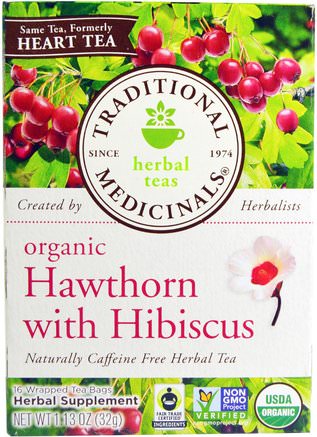 Herbal Teas, Organic Hawthorn with Hibiscus, Naturally Caffeine Free Herbal Tea, 16 Wrapped Tea Bags, 1.13 oz (32 g) by Traditional Medicinals-Sverige